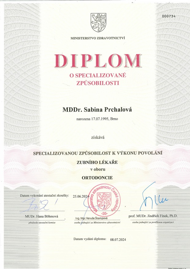 MDDr. Sabina Prchalova certifikat